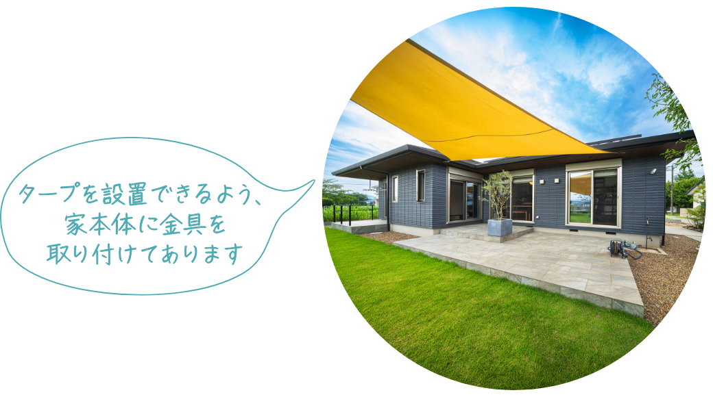 タープを設置できるよう家本体に取り付けた金具