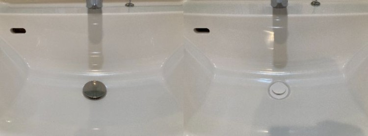 備え付けの排水口のふた（写真左）、目かくしゴミガードに交換したところ（写真右）