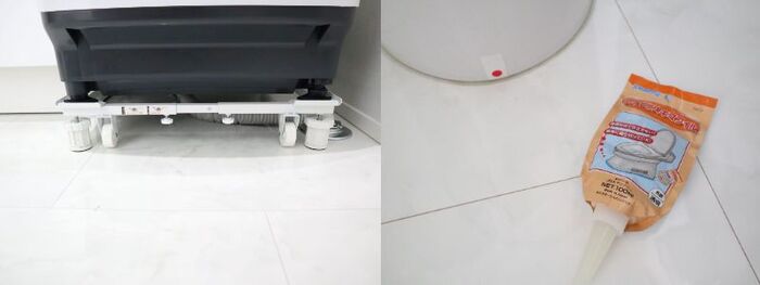 移動しやすい「新洗濯機スライド台」に設置（左）。におい防止にシャープ化学の「トイレのスキマフィル」でスキマ埋め（右）