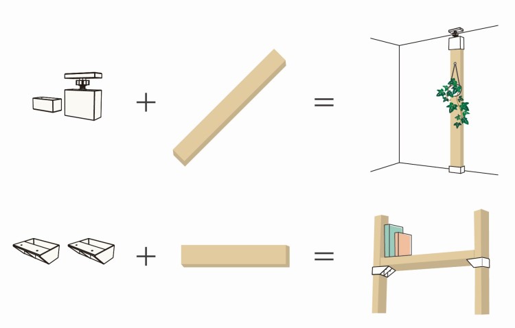 木材にパーツをかぶせて突っ張るだけ（上）。柱を2本立てれば収納棚を作ることも可能（下）