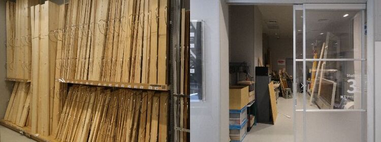 さまざまなサイズや種類が並ぶ木材コーナー（左）。スタッフがカットしてくれる加工サービス（有料）のスタジオ（右）
