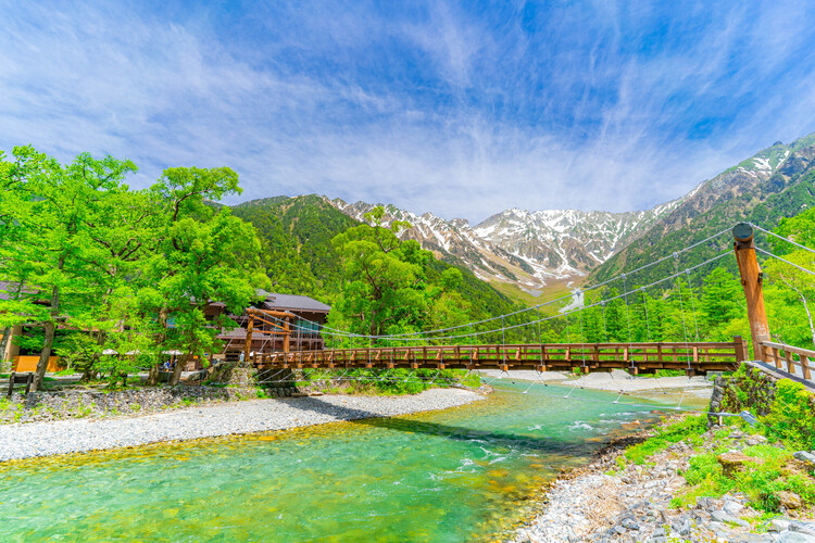 上高地の河童橋と明神岳