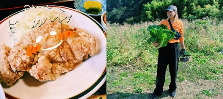 大分県竹田市にある「竹田丸福」で食べたビッグな唐揚げにもイラストを描いた（写真左）、地元の人の畑を訪れ、大量の新鮮な野菜をお裾分けしてもらうことも（写真右）
