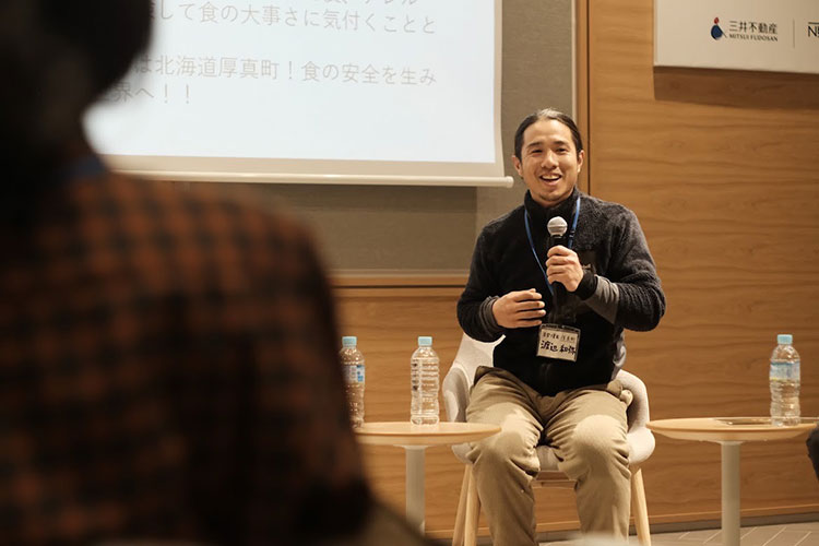 東京ミッドタウン八重洲で行われた「森、土、海に帰ろうじゃないか、北海道農林水産移住のすすめ」というイベントで、ご主人が登壇した