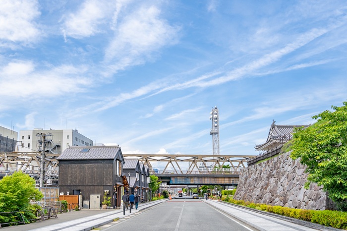 甲府城跡の向かいには、かつて甲府が小江戸と呼ばれた頃の賑わいを再現した甲府花小路がある。軒を連ねる町屋・灯籠・石畳路地など時代を感じられる街並みの中で、買い物・グルメ散策が楽しめる