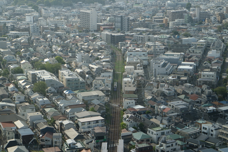 東急世田谷線の路面電車や住宅、高層ビルが一望できる