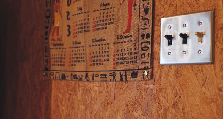 OSB合板を使用したリビングの壁。スイッチがレトロで可愛い